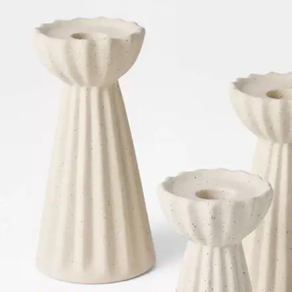 Ceramic Ribbed Taper 1/ Candle Holder Beige - Threshold Studio McGee